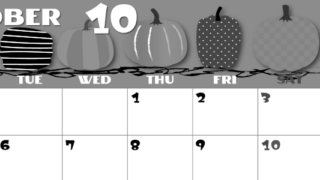 2026年10月横型モノクロの月曜始まり パンプキンがかわいいイラストA4無料白黒カレンダー(2026-00401001)