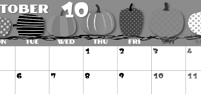 2026年10月横型モノクロの月曜始まり パンプキンがかわいいイラストA4無料白黒カレンダー(2026-00401001)
