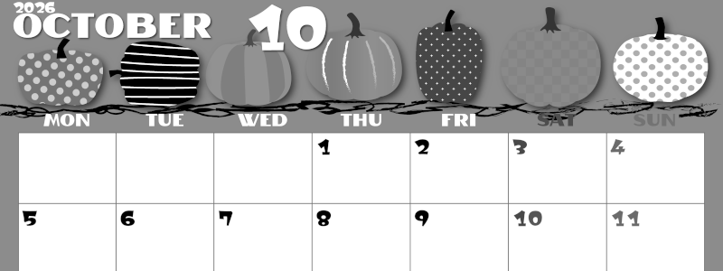 2026年10月横型モノクロの月曜始まり パンプキンがかわいいイラストA4無料白黒カレンダー(2026-00401001)