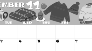 2026年11月横型モノクロの月曜始まり セーターがかわいいイラストA4無料白黒カレンダー(2026-00401101)