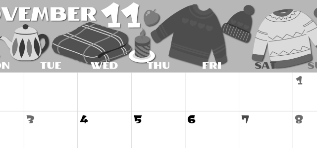 2026年11月横型モノクロの月曜始まり セーターがかわいいイラストA4無料白黒カレンダー(2026-00401101)