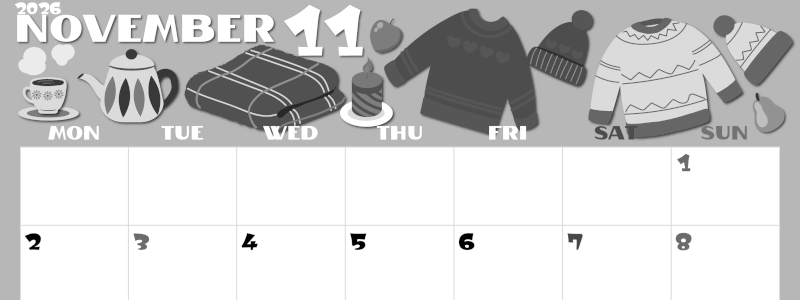 2026年11月横型モノクロの月曜始まり セーターがかわいいイラストA4無料白黒カレンダー(2026-00401101)