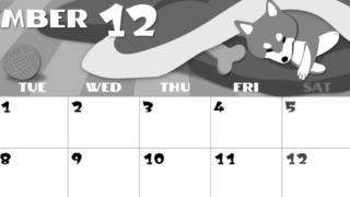 2026年12月横型モノクロの月曜始まり 柴犬イラストのかわいいA4無料白黒カレンダー(2026-00401201)