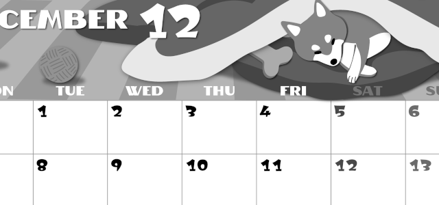 2026年12月横型モノクロの月曜始まり 柴犬イラストのかわいいA4無料白黒カレンダー(2026-00401201)