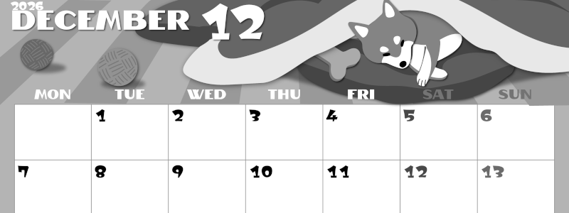 2026年12月横型モノクロの月曜始まり 柴犬イラストのかわいいA4無料白黒カレンダー(2026-00401201)