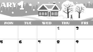 2026年1月横型モノクロの日曜始まり 北欧調なイラストのかわいいA4無料白黒カレンダー(2026-00400100)