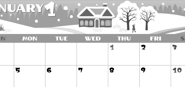 2026年1月横型モノクロの日曜始まり 北欧調なイラストのかわいいA4無料白黒カレンダー(2026-00400100)