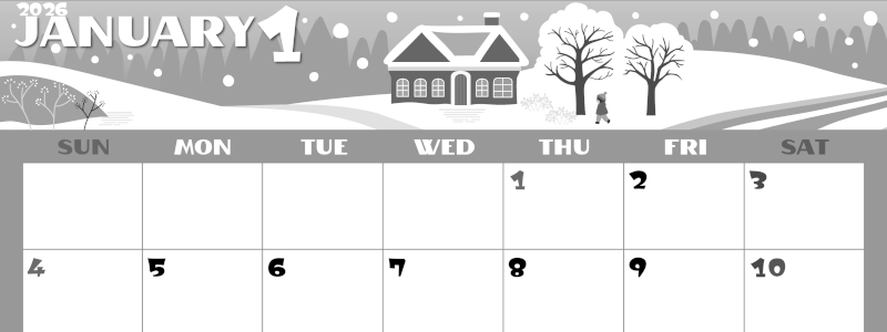 2026年1月横型モノクロの日曜始まり 北欧調なイラストのかわいいA4無料白黒カレンダー(2026-00400100)