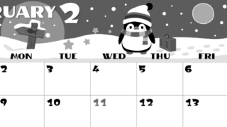 2026年2月横型モノクロの日曜始まり ペンギンのイラストがかわいいA4無料白黒カレンダー(2026-00400200)