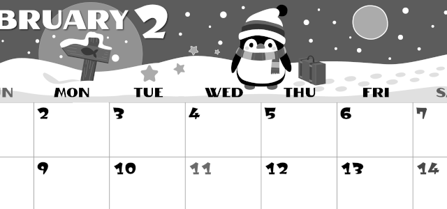 2026年2月横型モノクロの日曜始まり ペンギンのイラストがかわいいA4無料白黒カレンダー(2026-00400200)