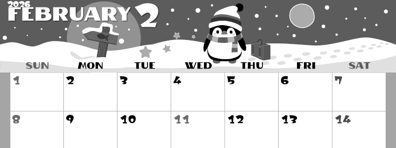 2026年2月横型モノクロの日曜始まり ペンギンのイラストがかわいいA4無料白黒カレンダー(2026-00400200)
