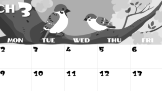 2026年3月横型モノクロの日曜始まり 桜と雀のイラストのかわいいA4無料白黒カレンダー(2026-00400300)