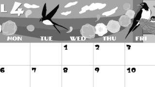 2026年4月横型モノクロの日曜始まり ツバメのイラストがかわいいA4無料白黒カレンダー(2026-00400400)