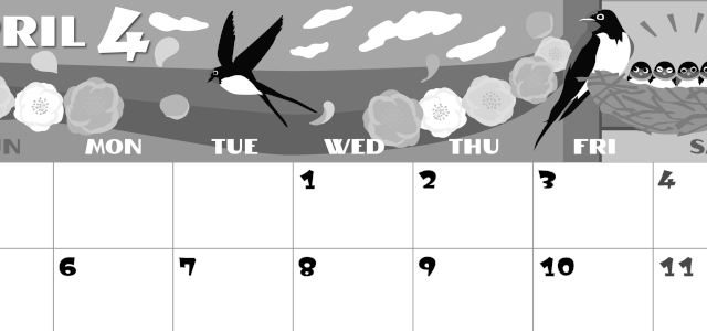 2026年4月横型モノクロの日曜始まり ツバメのイラストがかわいいA4無料白黒カレンダー(2026-00400400)