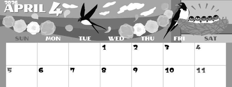 2026年4月横型モノクロの日曜始まり ツバメのイラストがかわいいA4無料白黒カレンダー(2026-00400400)
