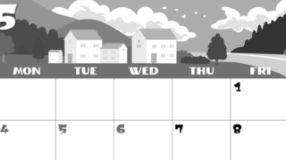 2026年5月横型モノクロの日曜始まり 村のイラストのかわいいA4無料白黒カレンダー(2026-00400500)