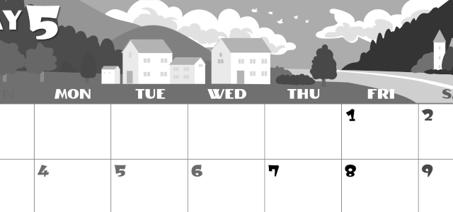 2026年5月横型モノクロの日曜始まり 村のイラストのかわいいA4無料白黒カレンダー(2026-00400500)