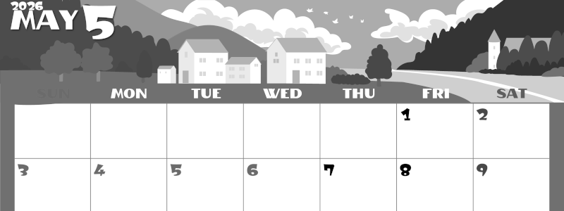 2026年5月横型モノクロの日曜始まり 村のイラストのかわいいA4無料白黒カレンダー(2026-00400500)