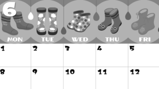 2026年6月横型モノクロの日曜始まり 長靴イラストのかわいいA4無料白黒カレンダー(2026-00400600)