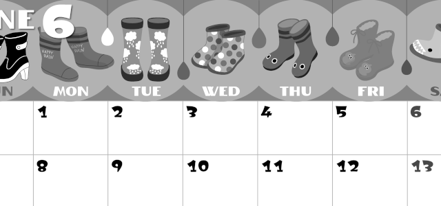 2026年6月横型モノクロの日曜始まり 長靴イラストのかわいいA4無料白黒カレンダー(2026-00400600)