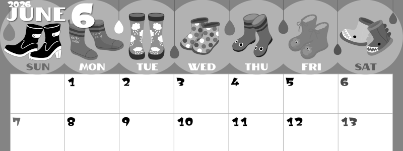 2026年6月横型モノクロの日曜始まり 長靴イラストのかわいいA4無料白黒カレンダー(2026-00400600)