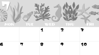 2026年7月横型モノクロの日曜始まり 海の生き物イラストがかわいいA4無料白黒カレンダー(2026-00400700)