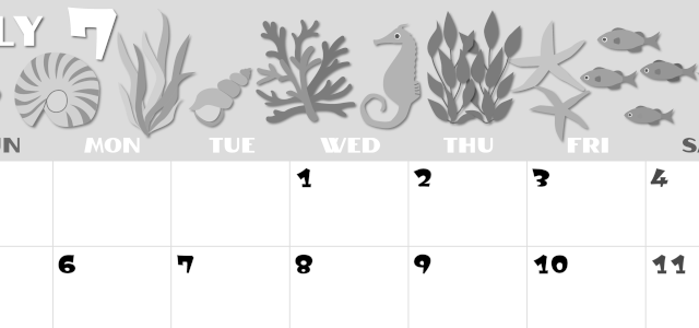 2026年7月横型モノクロの日曜始まり 海の生き物イラストがかわいいA4無料白黒カレンダー(2026-00400700)