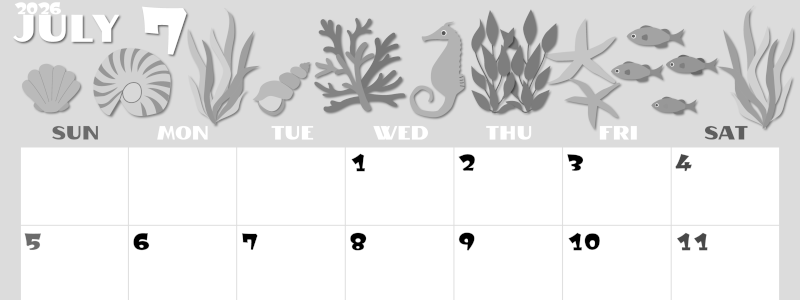 2026年7月横型モノクロの日曜始まり 海の生き物イラストがかわいいA4無料白黒カレンダー(2026-00400700)