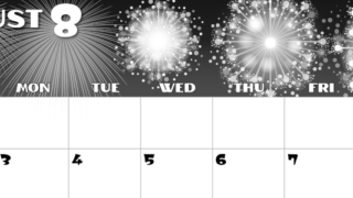 2026年8月横型モノクロの日曜始まり 風物詩イラストのかわいいA4無料白黒カレンダー(2026-00400800)