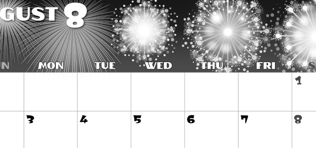 2026年8月横型モノクロの日曜始まり 風物詩イラストのかわいいA4無料白黒カレンダー(2026-00400800)