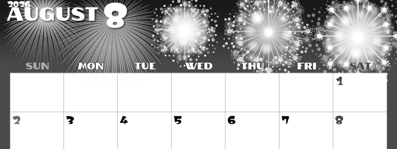 2026年8月横型モノクロの日曜始まり 風物詩イラストのかわいいA4無料白黒カレンダー(2026-00400800)