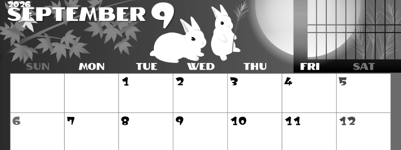 2026年9月横型モノクロの日曜始まり うさぎイラストのかわいいA4無料白黒カレンダー(2026-00400900)