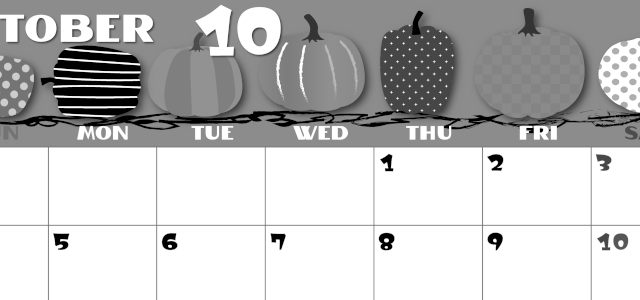 2026年10月横型モノクロの日曜始まり パンプキンがかわいいイラストA4無料白黒カレンダー(2026-00401000)