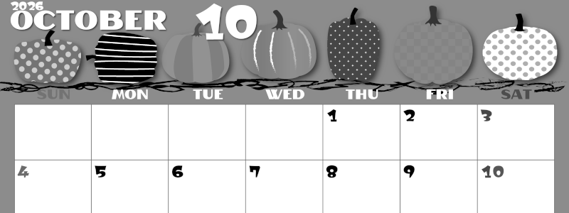 2026年10月横型モノクロの日曜始まり パンプキンがかわいいイラストA4無料白黒カレンダー(2026-00401000)