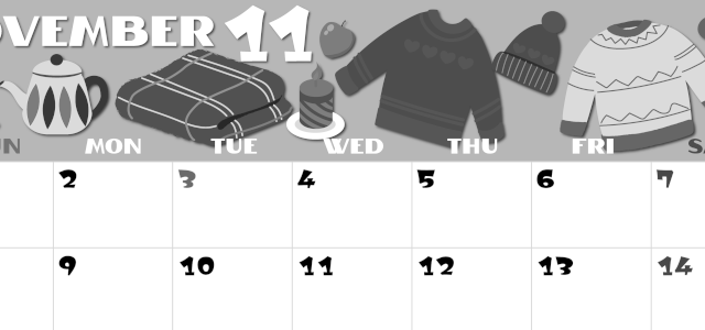 2026年11月横型モノクロの日曜始まり セーターがかわいいイラストA4無料白黒カレンダー(2026-00401100)