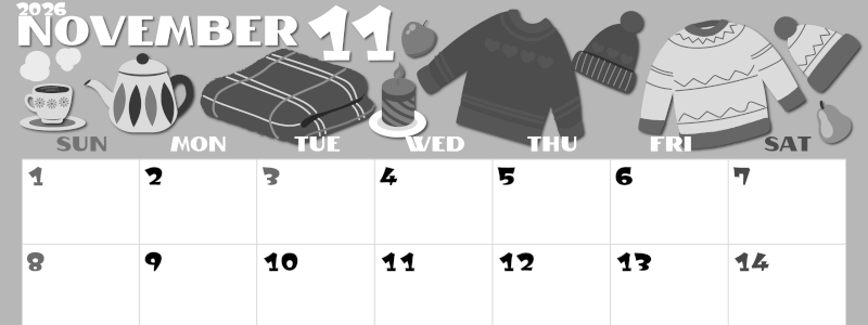 2026年11月横型モノクロの日曜始まり セーターがかわいいイラストA4無料白黒カレンダー(2026-00401100)