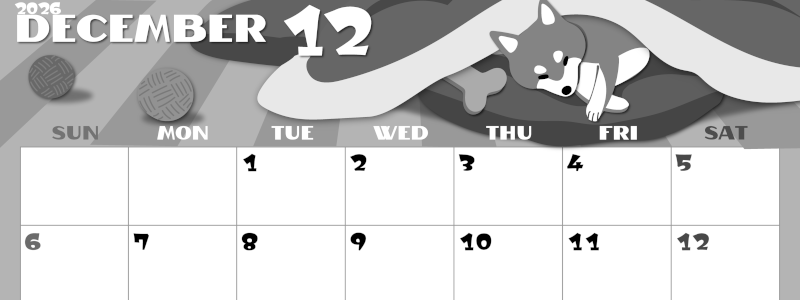 2026年12月横型モノクロの日曜始まり 柴犬イラストのかわいいA4無料白黒カレンダー(2026-00401200)