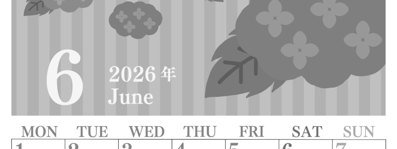 2026年6月縦型モノクロの月曜始まり アジサイがおしゃれなイラストA4無料白黒カレンダー(2026-00410611)