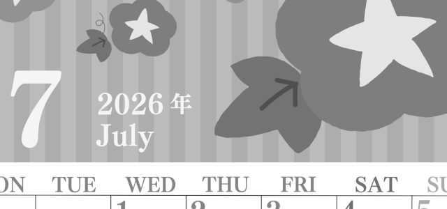 2026年7月縦型モノクロの月曜始まり 朝顔イラストのおしゃれA4無料白黒カレンダー(2026-00410711)