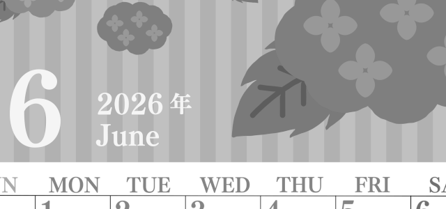 2026年6月縦型モノクロの日曜始まり アジサイがおしゃれなイラストA4無料白黒カレンダー(2026-00410610)