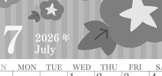 2026年7月縦型モノクロの日曜始まり 朝顔イラストのおしゃれA4無料白黒カレンダー(2026-00410710)