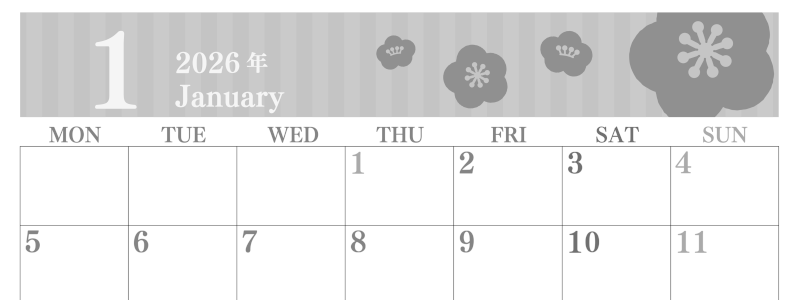 2026年1月横型モノクロの月曜始まり めでたい花のイラストのおしゃれA4無料白黒カレンダー(2026-00410101)