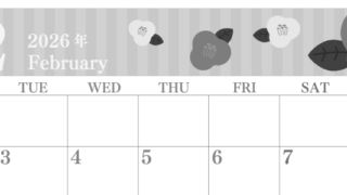 2026年2月横型モノクロの月曜始まり 椿のイラストがおしゃれA4無料白黒カレンダー(2026-00410201)