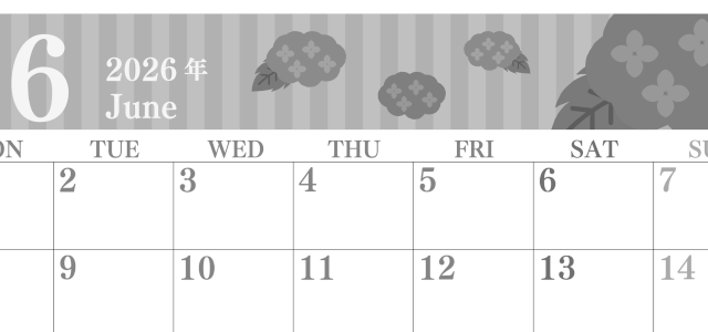 2026年6月横型モノクロの月曜始まり アジサイがおしゃれなイラストA4無料白黒カレンダー(2026-00410601)
