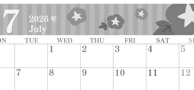 2026年7月横型モノクロの月曜始まり 朝顔イラストのおしゃれA4無料白黒カレンダー(2026-00410701)
