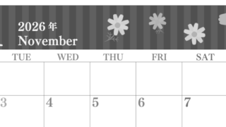 2026年11月横型モノクロの月曜始まり 秋桜イラストのおしゃれA4無料白黒カレンダー(2026-00411101)