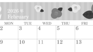 2026年2月横型モノクロの日曜始まり 椿のイラストがおしゃれA4無料白黒カレンダー(2026-00410200)