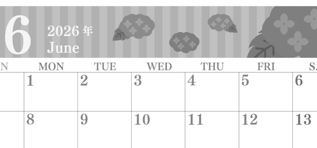 2026年6月横型モノクロの日曜始まり アジサイがおしゃれなイラストA4無料白黒カレンダー(2026-00410600)