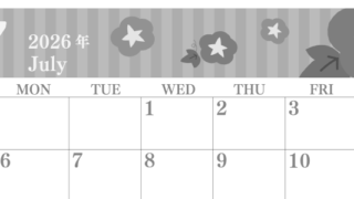 2026年7月横型モノクロの日曜始まり 朝顔イラストのおしゃれA4無料白黒カレンダー(2026-00410700)