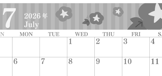 2026年7月横型モノクロの日曜始まり 朝顔イラストのおしゃれA4無料白黒カレンダー(2026-00410700)